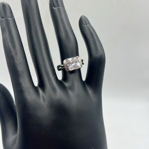 Silver Tone Wedding Engagement Promise Ring Jewelry Womens 6 CZ Rectangle